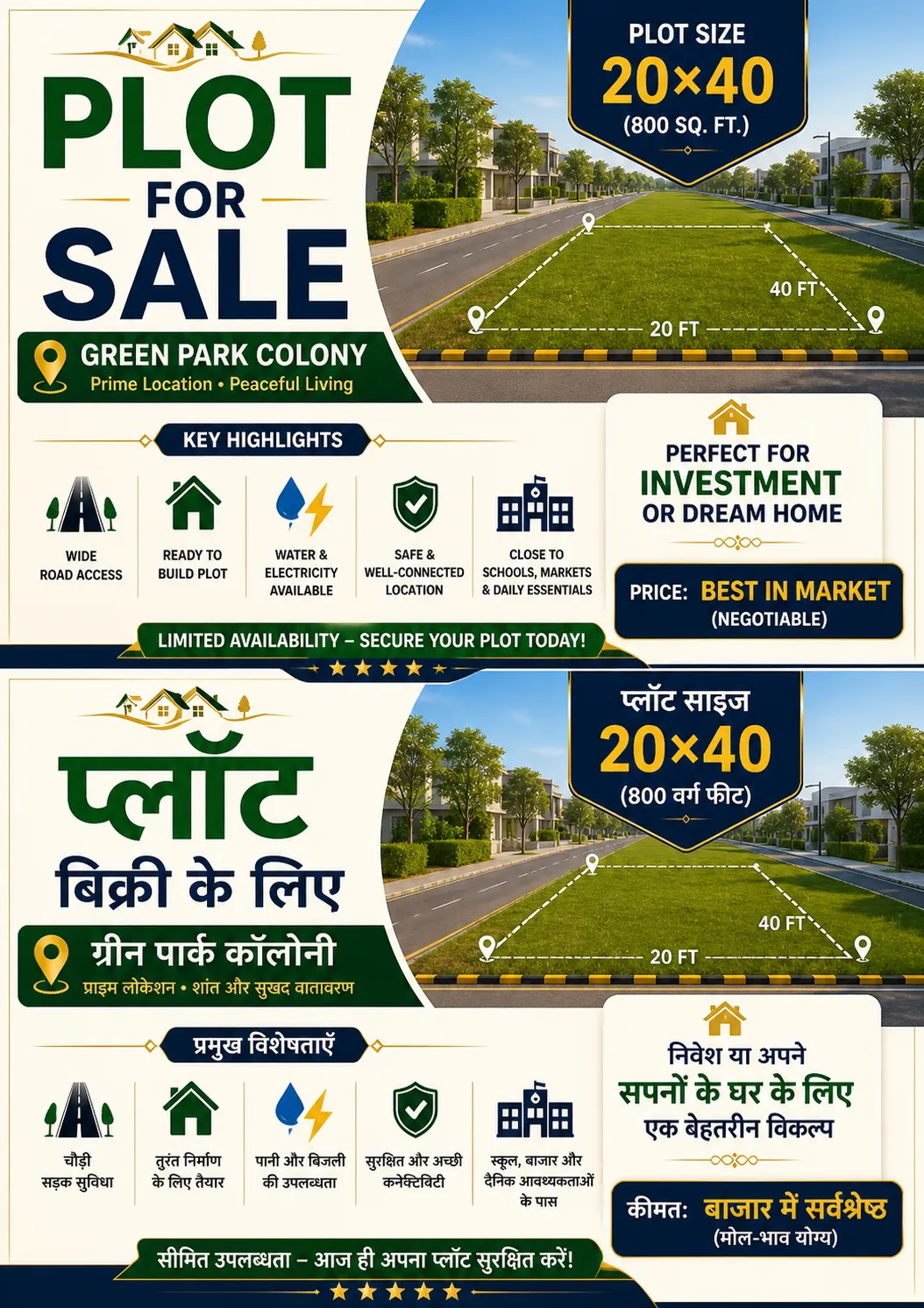 20x40 = 800 Square Fit Plot Situated in the most prime location of Green Park Colony, Dhar Road, Indore M.P.