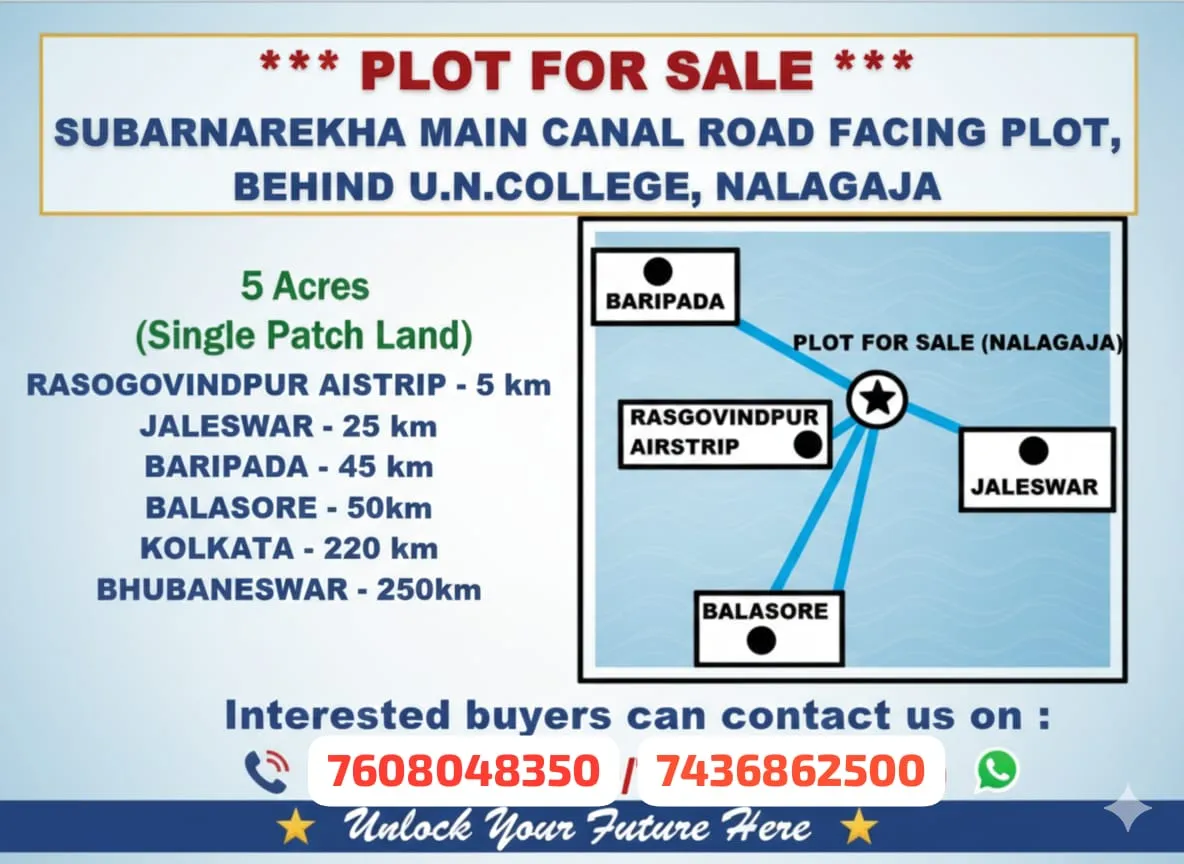 5 Acs single patch land facing subarnarekha main canal, Nalgaja behind U.N autonomous college.