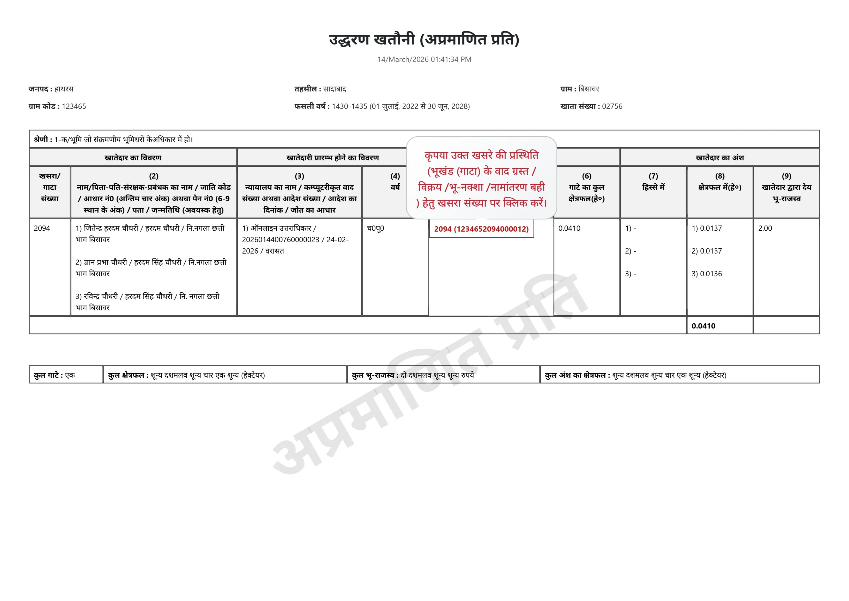 Khasra 2094, Bisawar, Sadabad, Hathras